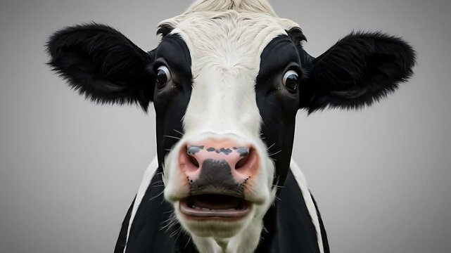 Close-up of a surprised-looking black and white cow. Funny farm animal portrait