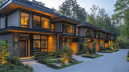Fototapeta premium Modern townhomes with warm lighting nestled in wooded area