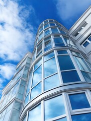Curved glass facade of a striking modern residential building in a European city - reflection glass skyscraper skyline life
