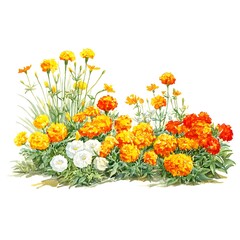 Fototapeta premium Vibrant Marigold and White Flower Garden Illustration. A detailed watercolor painting of a lush garden bed brimming with orange and yellow marigolds and delicate white flowers.