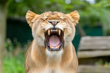 A young lion practicing its roar, its expression both fierce and playful