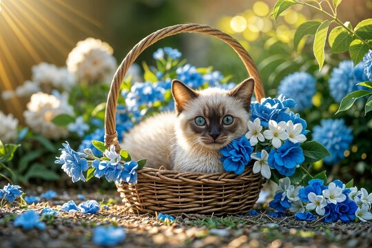 cute siamese kitten cat on the basket near flowers concept lindo gatito siam&eacute;s gato en la cesta cerca de las flores concepto siyam kedisi kedi