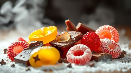 A close up of assorted candies and chocolates with a smoky background