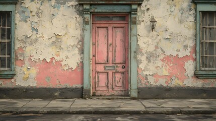 A weathered pink door stands forlornly within an abandoned building, its peeling paint and melancholic atmosphere hinting at forgotten stories and lost time within the decaying