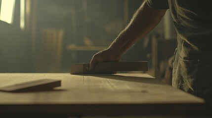 Carpenter cutting wood with saw in workshop. Indoor workshop