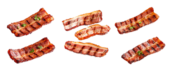 Set of bacon slices garnished with pepper grains, isolated on white transparent background, showcasing a delicious food concept