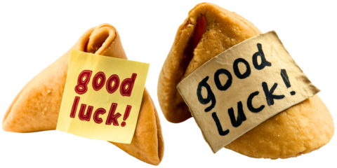 good luck note written on label on fortune cookie; positive element isolated over white (transparent) background