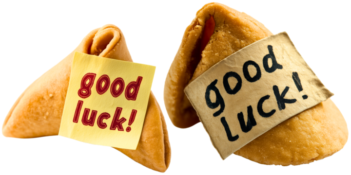 good luck note written on label on fortune cookie; positive element isolated over white (transparent) background