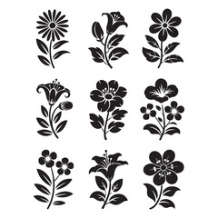 Black Silhouette Collection of Flowers, Leaves, and Plants on White Background

