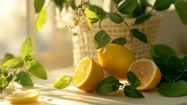 A basket of lemons and herbs sit on a table. The lemons are cut in half and the herbs are green. The basket is placed on a white table