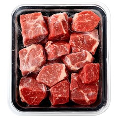 A close-up studio shot reveals a package of frozen beef stew cubes ideal for hearty winter recipes showcasing rich red meat and perfect texture for culinary uses.