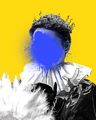 Art collage. Person in costume with gloves and feathers, blue paint covering face showing bold protest and inner emotions. Concept of challenge, protest, psychology, social issues, beauty.