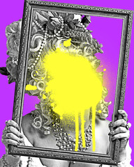 Contemporary artwork. Woman holding picture frame, yellow paint on face showing missing identity and silent protest. Concept of challenge, protest, psychology, social issues, beauty.