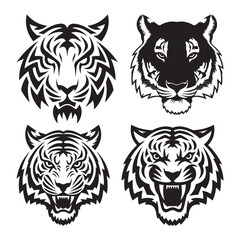 Tiger head roaring - Black and white vector illustration	