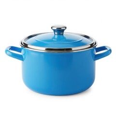 A blue cooking pot with lid and handles against backdrop isolated on white background