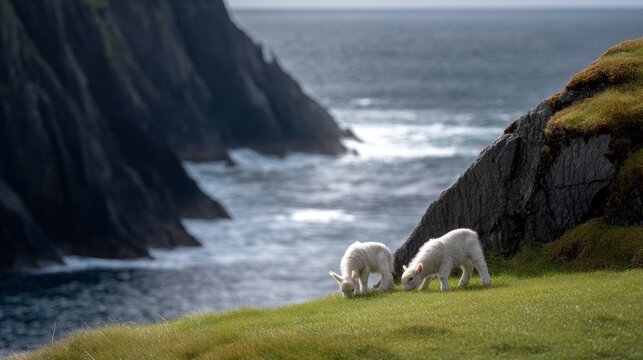 Cute baby sheep on a clifftop overlooking the sea in the Shetland islands - Hermaness NNR,Unst,Shetland Islands, Scotland, United Kingdom
