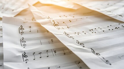 Vintage Music Sheet Background with Notes and Staff Paper on a Table Surface