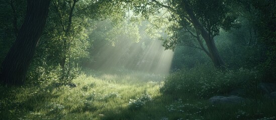 Fototapeta premium Sunlight streams through the lush green foliage in a forest scene