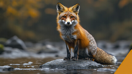 Fototapeta premium Red fox standing alert on rock in shallow water