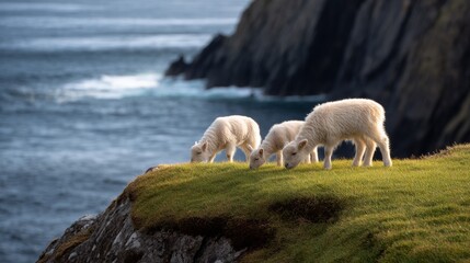 Cute baby sheep on a clifftop overlooking the sea in the Shetland islands - Hermaness NNR,Unst,Shetland Islands, Scotland, United Kingdom
