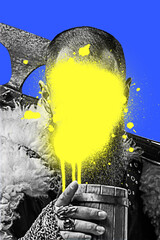 Contemporary collage. Man with beard and drink, yellow paint on face showing protest and hidden self, against blue background. Concept of challenge, protest, psychology, social issues, beauty.