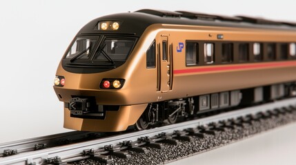 Obraz premium Golden train model on track, studio shot