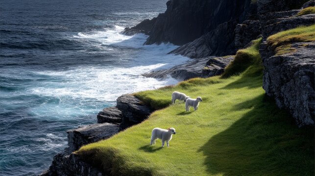 Cute baby sheep on a clifftop overlooking the sea in the Shetland islands - Hermaness NNR,Unst,Shetland Islands, Scotland, United Kingdom
