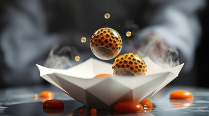 Spherical caviar like objects in a geometric bowl with smoke effects