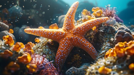A vibrant orange starfish with white dots rests on a bed of colorful coral and marine life showcasing the beauty of underwater biodiversity in a realistic depiction of an ocean