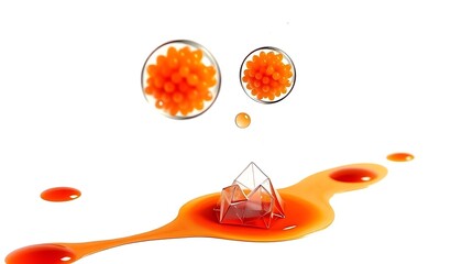 Orange liquid with spheres and geometric shape on a white background
