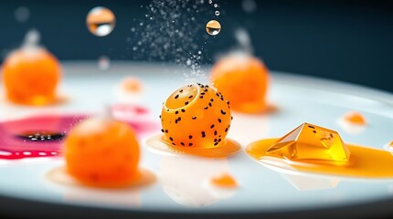Close up of orange jelly spheres and cube on a white plate with liquid