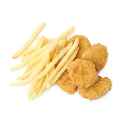 Tasty chicken nuggets and french fries isolated on white