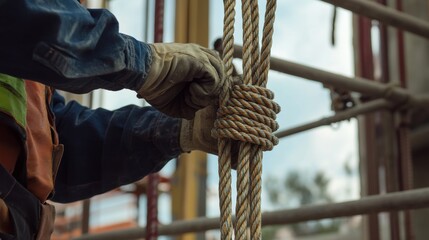 A laborer fastening safety ropes on a scaffold at a construction site. Featuring safety and precision