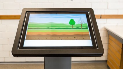Fototapeta premium Interactive touchscreen display showing layered landscape illustration.