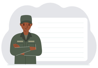 The profession of a soldier. A man in military uniform. Army and military concept. Vector