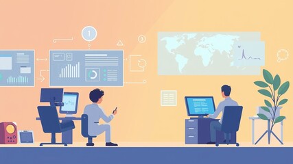 Fototapeta premium Two male analysts work collaboratively on computer monitors displaying data analytics and a world map in a modern office setting.