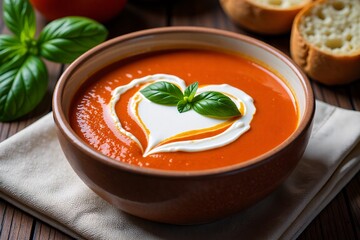 Tomato Soup with Cream Heart, Croutons, and Rustic Bread