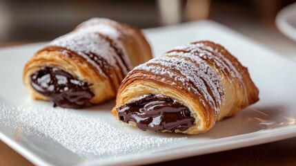 Two chocolate-filled pastries on a white plate.  Crispy, flaky pastry filled with rich dark chocolate, dusted with powdered sugar
