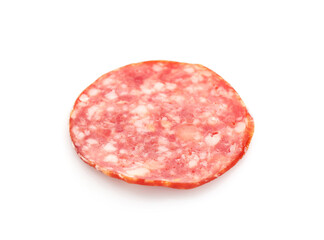 One slice of tasty smoked sausage on white background