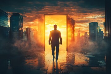 Fototapeta premium Silhouetted Cityscape Backdrop Illuminating Symbolic Journey to Success and Opportunity