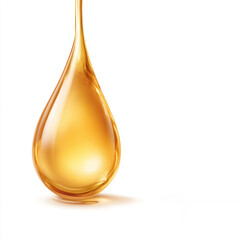 A glistening drop of golden oil hangs delicately, showcasing its smooth texture and rich color against a clean white background.