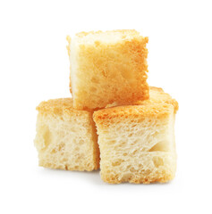 Three delicious crispy croutons isolated on white
