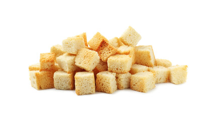 Pile of tasty crispy croutons isolated on white