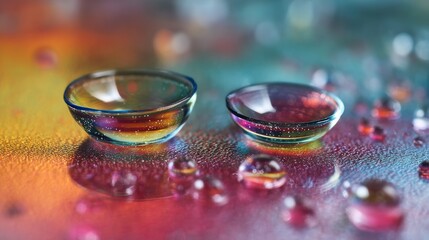 Pair of contact lenses and water drops on color gradient mirror surface, closeup