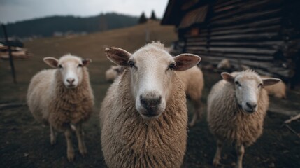 Obraz premium Herd of sheep on mountain farm close up. Animal photography