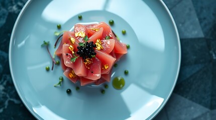 Close up of tuna sashimi with caviar and gold flakes on a blue plate