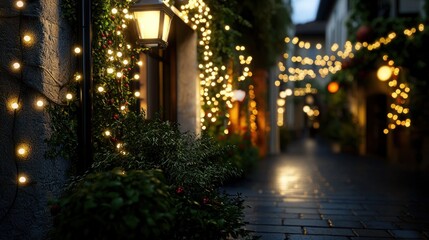 Fototapeta premium Festive, European alleyway at night, lit by warm string lights