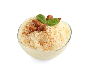 Delicious rice pudding with cinnamon, almonds and mint isolated on white