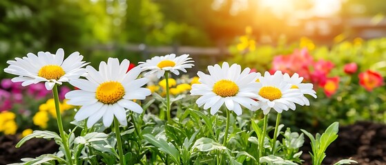 Nature scene with colorful flowers in a garden captured at sunrise peaceful environment vibrant view