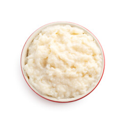 Delicious rice pudding in bowl isolated on white, top view